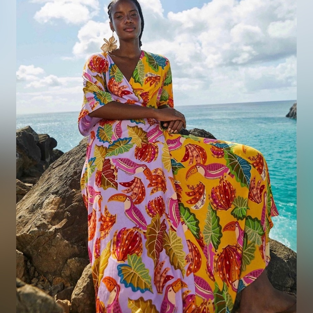 Farm Rio Mixed Beaks & Bananas Maxi Wrap Dress